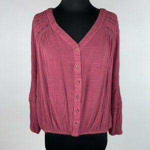 Lane Bryant 14 / 16 Plus Crinkle Button Down Elastic Hem & Sleeves Crochet Mesh